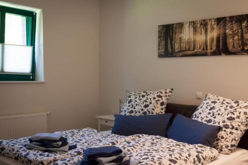 ein Schlafzimmer mit einem Bett mit einer Bettdecke und Kissen in der Unterkunft Auszeithof Otersen - Ferienwohnung 2 in Kirchlinteln