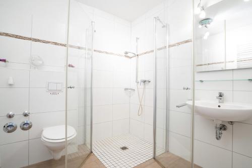 een badkamer met een douche, een toilet en een wastafel bij Villa Olga Wohnung 3 in Grömitz