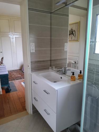 La salle de bains est pourvue d'un lavabo blanc et d'une douche. dans l'établissement La Maison des Thermes, Chambre d'hôte, à Saintes