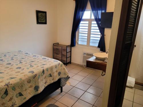 a bedroom with a bed and a sink and a window at Villa Coral Guesthouse in Vieques