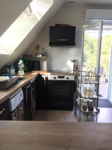 a kitchen with a sink and a stove top oven at le Nid perché in Brou