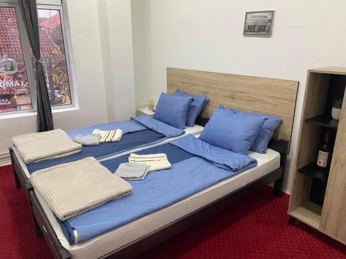 a bedroom with a blue bed with blue pillows at Stari Zaječar apartments in Zaječar