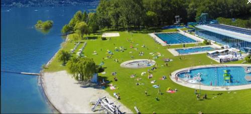 un gruppo di persone sedute su un prato vicino alla piscina di Barca a vela sul lago Maggiore a Locarno