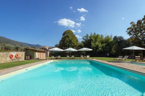 a large swimming pool in a yard with umbrellas at Agriturismo I Bonsi in Reggello