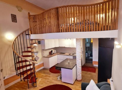 uma cozinha com uma escada em espiral numa casa em River Residence em Timişoara
