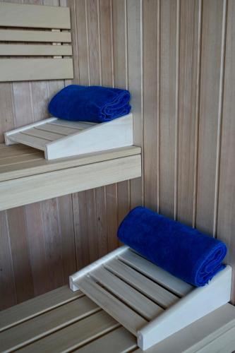 two empty shelves in a sauna with a blue pillow at Il Porticciolo in Laveno-Mombello