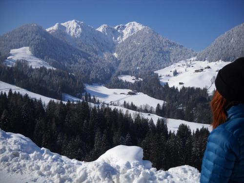 a woman standing on top of a snow covered mountain at Appartement Schilcher in Oberau