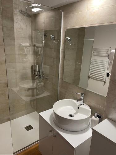 La salle de bains est pourvue d'un lavabo et d'une douche en verre. dans l'établissement Pensiune Restaurant TERRA, à Rânca