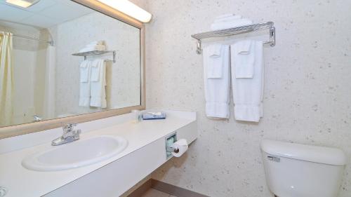 W łazience znajduje się umywalka, toaleta i lustro. w obiekcie Magnuson Grand Pioneer Inn and Suites w mieście Escanaba