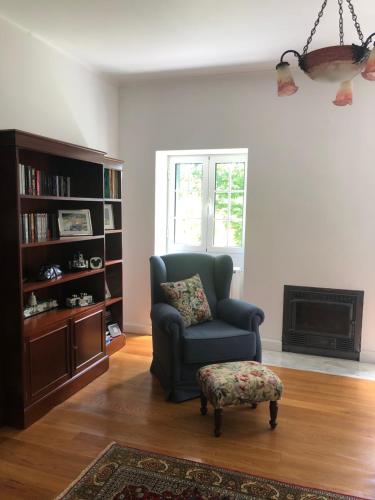 a living room with a chair and a book shelf at Quintinha de Palmyra in Camacha