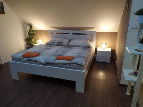 1 dormitorio con 1 cama blanca grande y 2 luces en Apartmán Frank, en Česká Kamenice