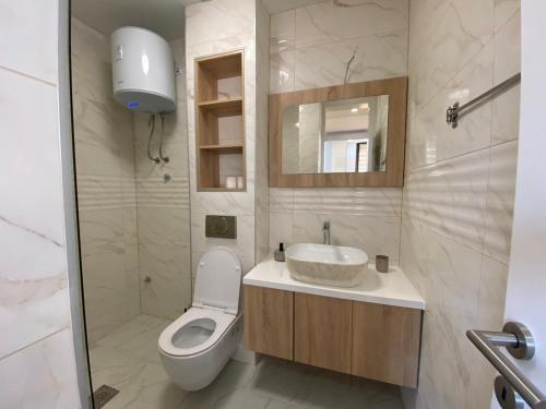 W łazience znajduje się toaleta, umywalka i lustro. w obiekcie Alexandrea Apartments w mieście Pale