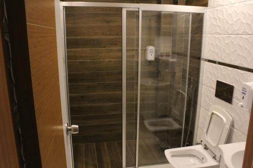 a bathroom with a shower with a toilet and a sink at Terko hotel pansiyon in Beldibi