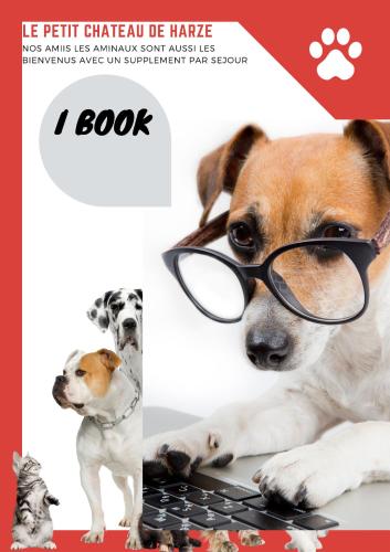 a dog wearing glasses sitting in front of a laptop at Petit Château de Harzé in Aywaille