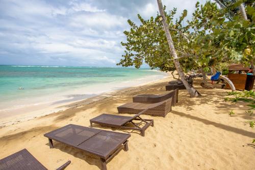 tres mesas de picnic y bancos en una playa en Xeliter Balcones del Atlantico - Las Terrenas, en Las Terrenas