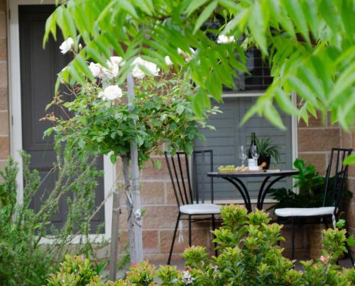 a patio with a table and chairs and a tree at Bartletts Corner - Private Peaceful Studio in Orange