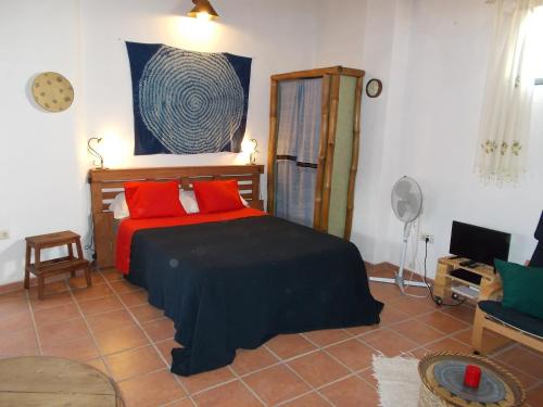a bedroom with a bed with red pillows at La Tierra Verde STUDIO in Alcuéscar