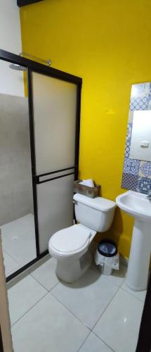 a bathroom with a white toilet and a sink at Casa La Eliana in Salento