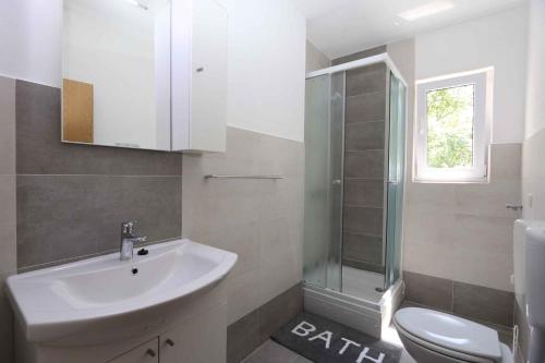 a bathroom with a sink and a shower and a toilet at Apartment in Silo - Insel Krk 41833 in Šilo