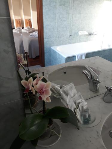 a bathroom sink with a vase with flowers in it at Hotel Il Duca d'Este in Ferrara