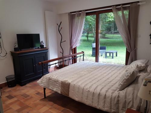 a bedroom with a bed and a tv and a window at Les Sabots du Parc in Ermenonville