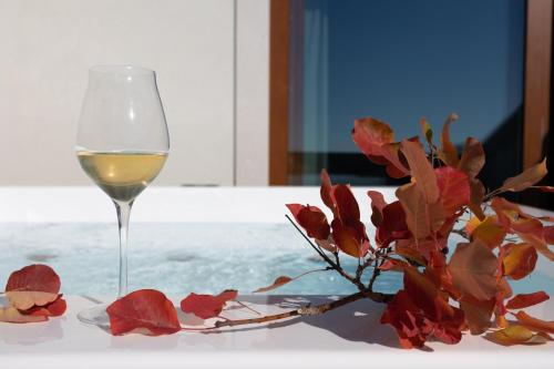 Encanto Agriturismo & Private SPA في Visogliano: كوب من النبيذ الأبيض بجانب وردة على طاولة