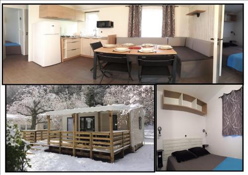 a kitchen and a house with a table in it at Camping Happy Pyrénées in Saligos