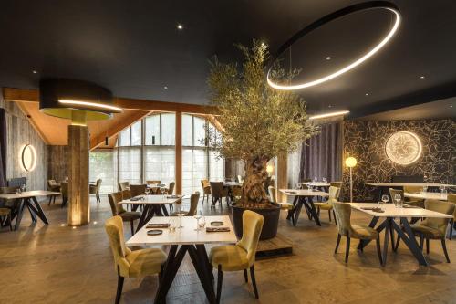 a restaurant with tables and chairs and a potted tree at Logis Hôtel Parenthèse, Restaurant & Spa in Chille