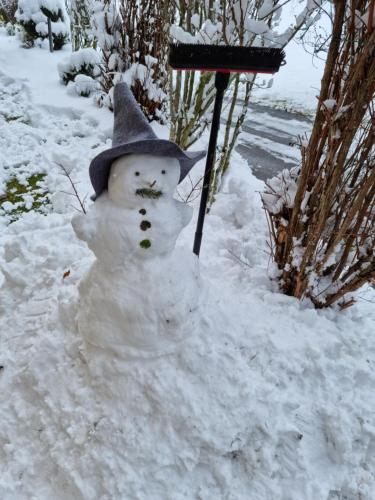 a snowman wearing a hat and a top hat at Ferienhaus Elisabeth in Forstau