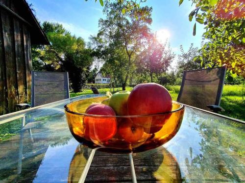 a bowl of fruit sitting on a glass table at Alexandrowka Wohnen im UNESCO Weltkulturerbe Haus in Potsdam