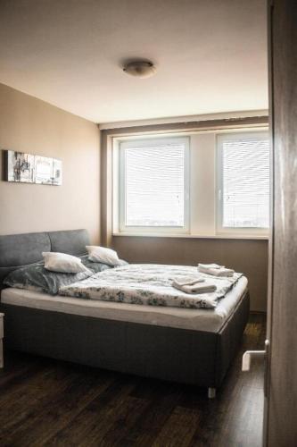a bed in a room with a window at Panorama View Apartment in Veszprém