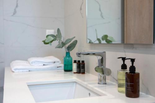 a bathroom counter with a sink and a mirror at Grappolo Lefkada Villas - Villa Vertzami just 2 km from Lefkada town in Apolpaina