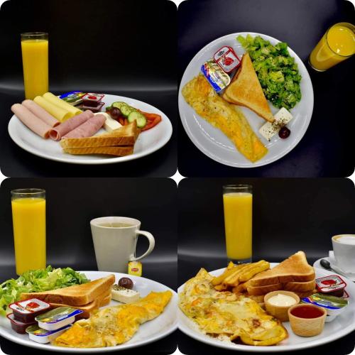 a collage of four pictures of breakfast foods on plates at Sophia seaview suites & restaurant in Nea Vrasna