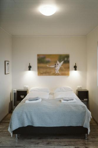 una camera da letto con un letto e un dipinto di un uccello sul muro di Austurey Cottages a Laugarvatn