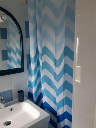 Montecelio的住宿－Guidonia Montecelio，浴室设有水槽和蓝白色的浴帘