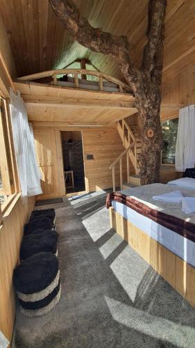 a bedroom with a tree in the middle of it at LITTLE WOOD TREEHOUSE in Jibhi