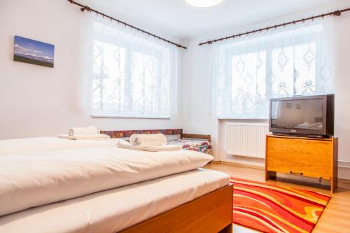 1 dormitorio con 2 camas y TV de pantalla plana en Rodinný dom v Lučivnej pod Vysokými Tatrami, en Lučivná