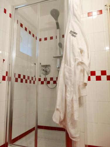 a bathroom with a shower with a white towel at Villa Artic Apartments in Campitello di Fassa