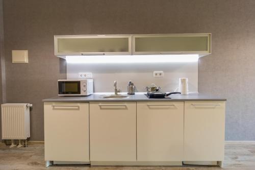 a white kitchen with a sink and a microwave at Opera Passage Hotel & Apartments in Lviv