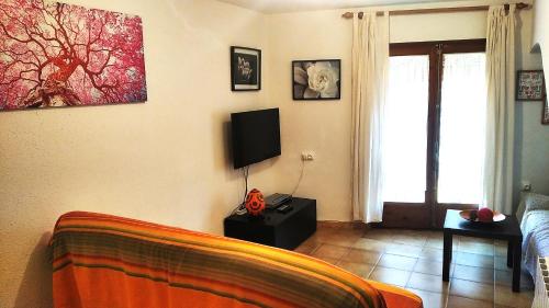 ein Schlafzimmer mit einem Bett und einem TV an der Wand in der Unterkunft Apartament Rural Vilaplana in Vilaplana