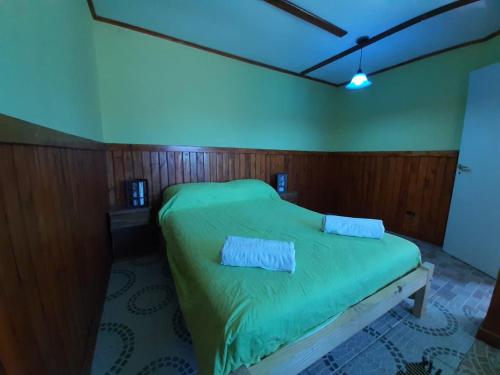 1 dormitorio con 1 cama verde con luz azul en Complejo Las Maras II en El Chaltén