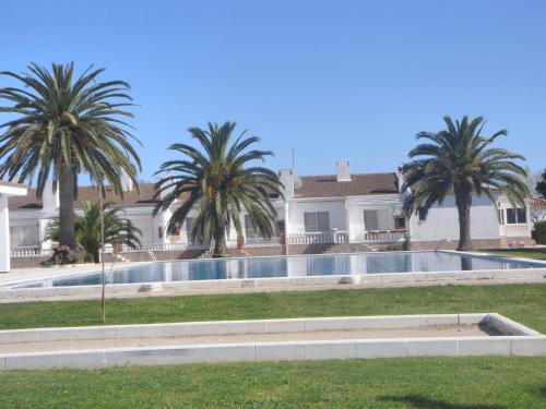 una piscina frente a una casa con palmeras en Allotjament Joana, en Riumar