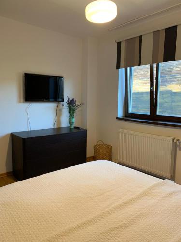 a bedroom with a bed and a flat screen tv at Cioplea View in Predeal