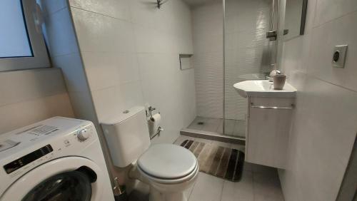 łazienka z toaletą, umywalką i pralką w obiekcie METROPOLITAN MACVIEW-4 ΔΙΑΜΕΡΙΣΜΑ w Pireusie