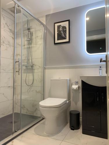 a bathroom with a toilet and a glass shower at The Nook County Dublin in Dublin