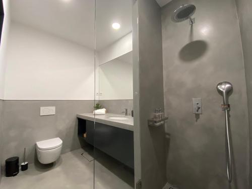 W łazience znajduje się toaleta, umywalka i prysznic. w obiekcie Mus Boavista w Porto
