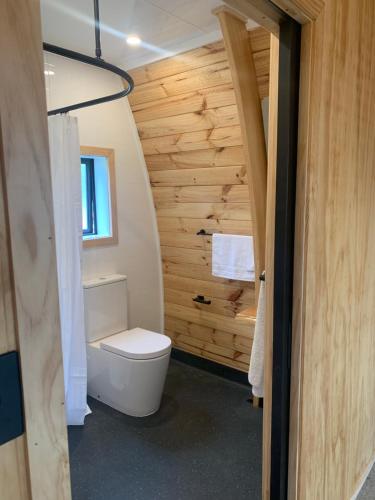 a bathroom with a toilet in a room with wooden walls at Benger Garden Chalets in Millers Flat