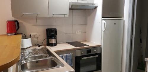 une petite cuisine avec un évier et un réfrigérateur dans l'établissement Centre ville Le Blanc Ville Basse, à Le Blanc