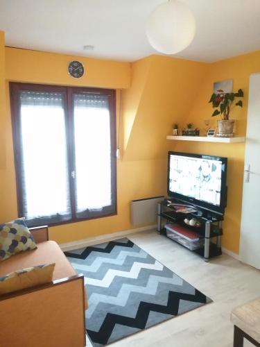 un salon avec un canapé et une télévision dans l'établissement Appartement à 50 m de la plage avec WIFI, à Villers-sur-Mer