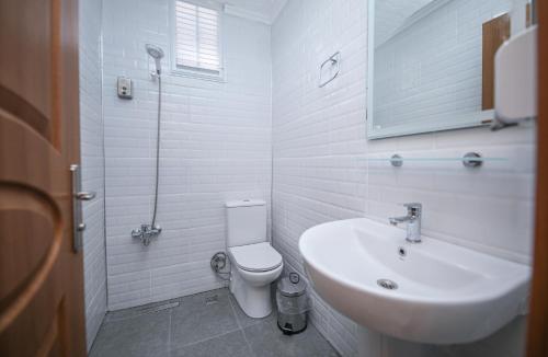 La salle de bains blanche est pourvue de toilettes et d'un lavabo. dans l'établissement Delta Hotel, à Didim